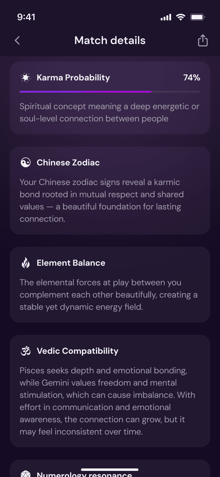 Karma Match — connection detail screen